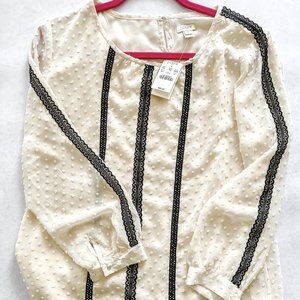 NTW J. Crew Swiss Dot Blouse with Black Lace Trim